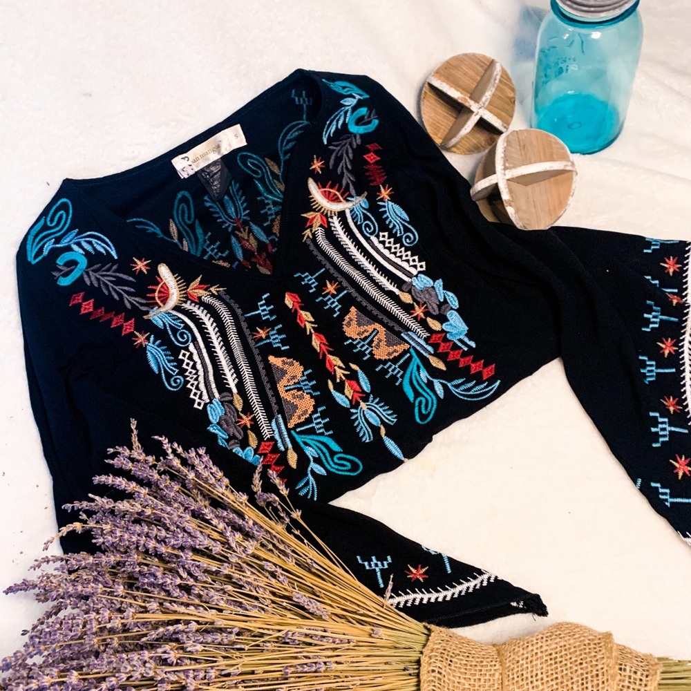 Boho Embroidered bell sleeve hippie farm girl top